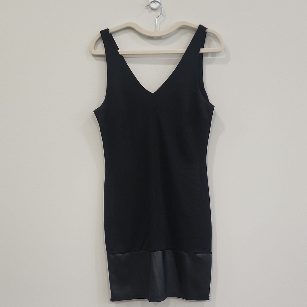 Metaphor Black V-Neck Mini Dress With Leather And Zippers, Size M